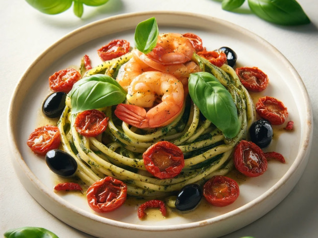 Bucatini mit Garnelen und Basilikumpesto