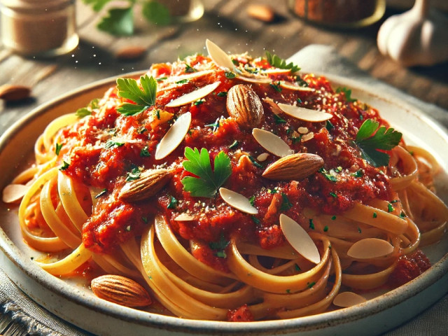 Linguine mit Oktopusragout und Mandeln