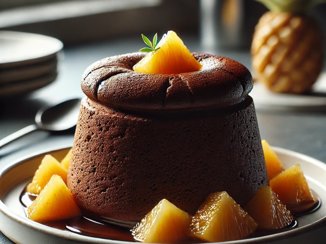 Soufflé von der Zartbitterschokolade mit pochierter Ananas
