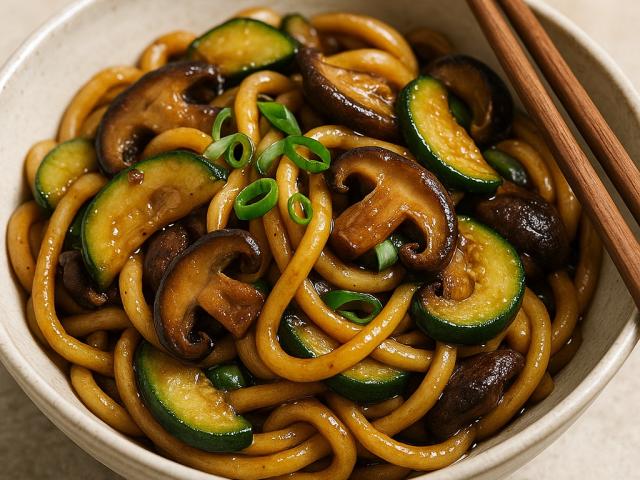 Udon-Nudeln mit Zucchini und Shiitake-Pilzen