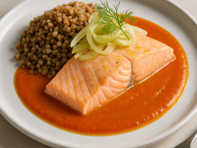 Im Ofen gegartes Lachsfilet mit Fenchel-Anis-Fond und Buchweizen