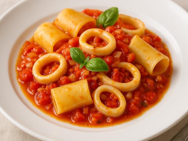 Calamarata mit Tintenfisch, Tomaten und Chili