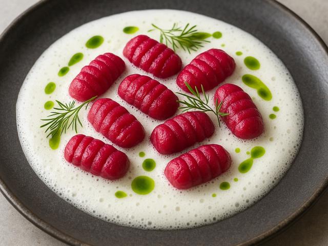 Rote-Bete-Gnocchi mit Meerrettich-Schaum
