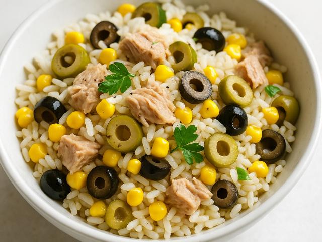 Reissalat mit Thunfisch, Mais und Oliven