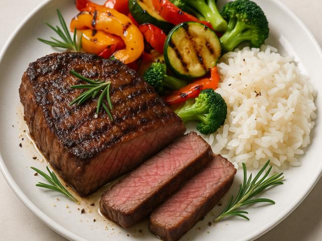 Steak mit Grillgemüse und Reis