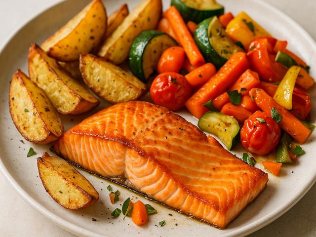 Lachsfilet mit Ofenkartoffeln und Gemüse