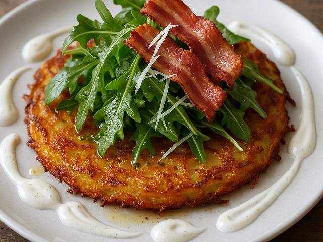 Kartoffelrösti mit Rucola und Speck