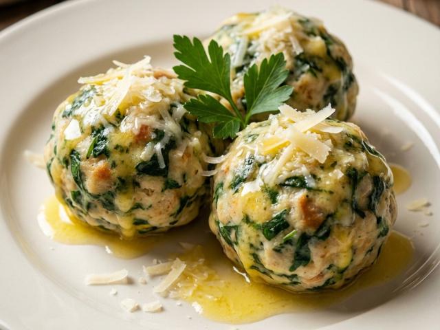 Südtiroler Spinatknödel mit Butter und Parmesankäse